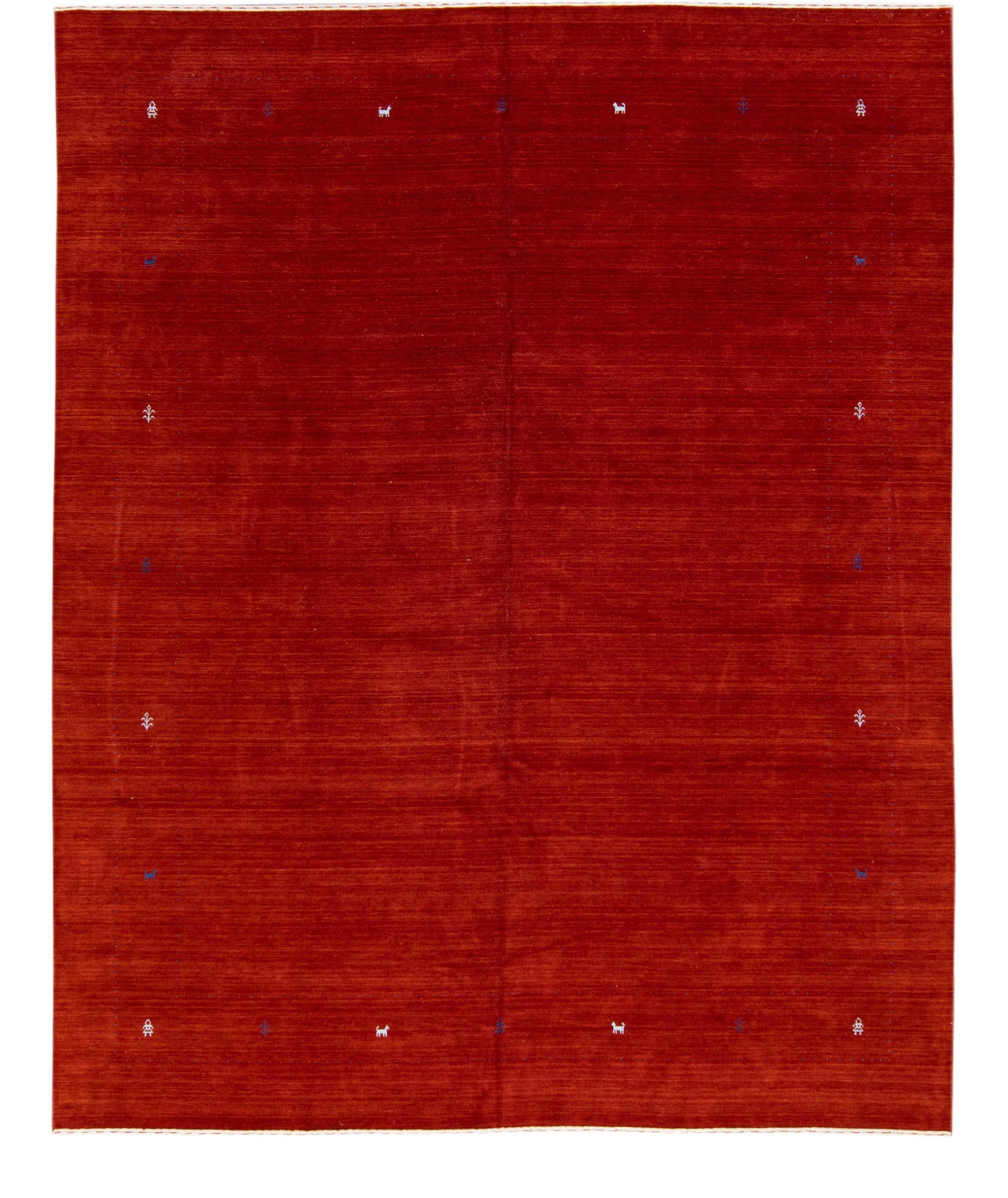 Modern Gabbeh Style Red Wool Rug 12' x 14'10' Minimalist Design: Modern Gabbeh Style Red Wool Rug 12' x 14'10' Minimalist Design Enhance your living space with this stunning Modern Gabbeh Style hand-loomed wool rug. Featuring a vibrant red field, this rug showcases