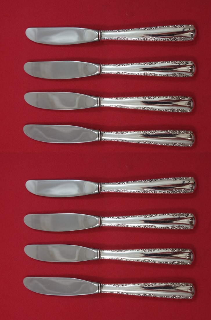 Gorham Camellia Sterling Silver Butter Spreaders Set of 8 6 1 4: Gorham Camellia Sterling Silver Butter Spreaders Set of 8 6 1 4 This set includes eight Camellia pattern butter spreaders by Gorham, crafted with sterling silver hollow handles and modern stainless bl