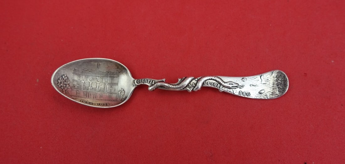 Sterling Silver Demitasse Spoon by Shiebler with Scientia Sallusque Snake Motif 4.25": Sterling Silver Demitasse Spoon by Shiebler with Scientia Sallusque Snake Motif 4.25" This is a Shiebler sterling silver demitasse spoon in an unknown pattern, featuring a decorative snake and the ins