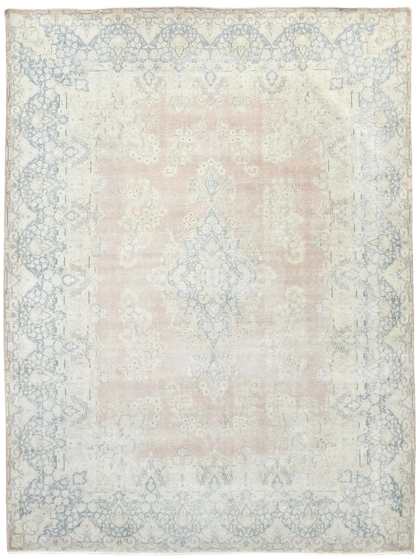 Hand-Knotted Wool Floral Area Rug 9'7 x 12'8 Vintage Western Asia: Hand-Knotted Wool Floral Area Rug 9'7 x 12'8 Vintage Western Asia This is a vintage hand-knotted wool area rug featuring a muted floral pattern in shades of rust, cream, brown, beige, blue, and more. 