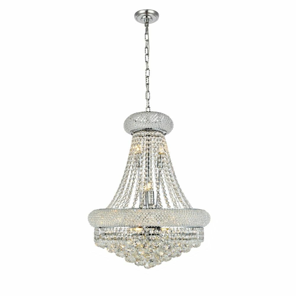 Primo 14-Light Chrome Crystal Empire Chandelier 20 Inch: Primo 14-Light Chrome Crystal Empire Chandelier 20 Inch This modern empire-style chandelier features a large chrome-plated frame adorned with royal cut clear crystal accents. Designed for versatile in