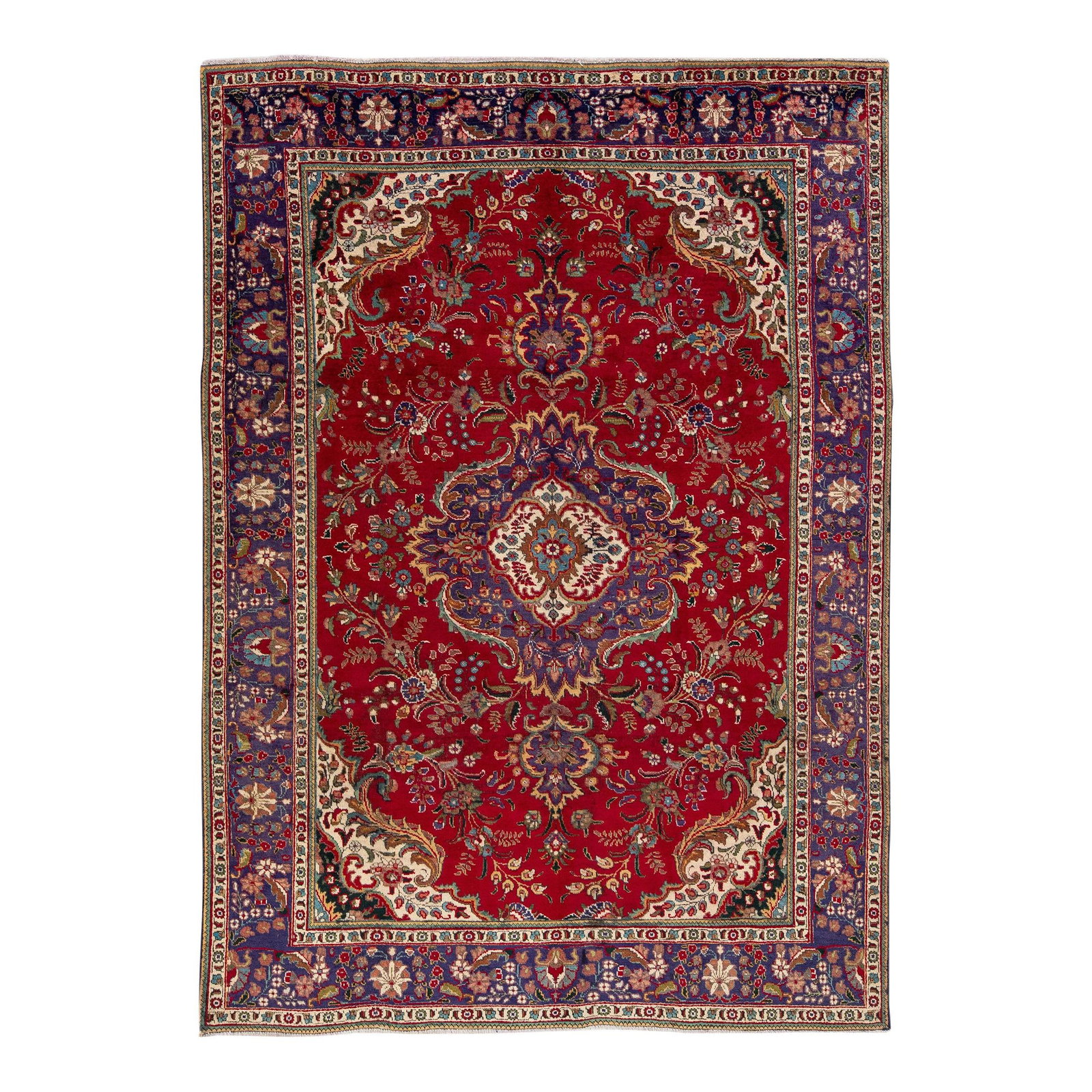 Vintage Persian Tabriz Red Wool Rug 6'9 x 9'8 Hand-Knotted Medallion Design: Vintage Persian Tabriz Red Wool Rug 6'9 x 9'8 Hand-Knotted Medallion Design This stunning vintage Persian Tabriz rug showcases exquisite hand-knotting artistry. The vibrant red color field is beautifu
