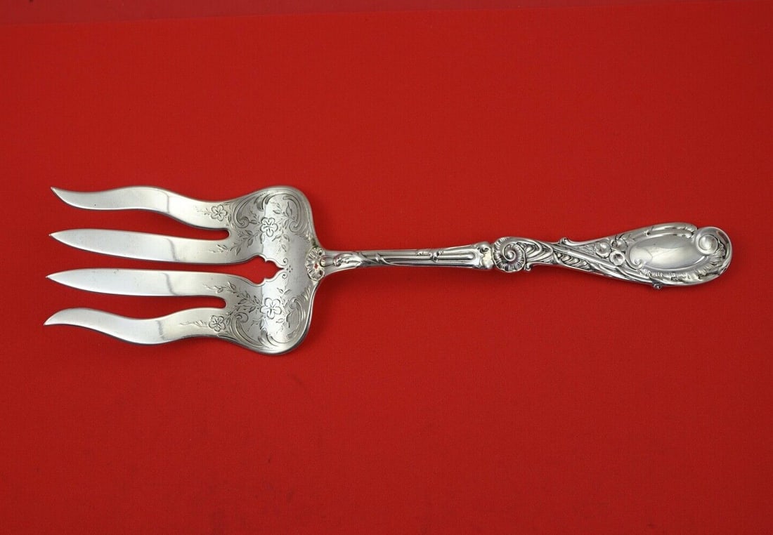 Gorham Rouen Sterling Silver Salad Serving Fork Brite-Cut 8 7/8": Gorham Rouen Sterling Silver Salad Serving Fork Brite-Cut 8 7/8" This exquisite salad serving fork from Gorham features the elegant Rouen pattern, crafted from high-quality sterling silver. Measuring 