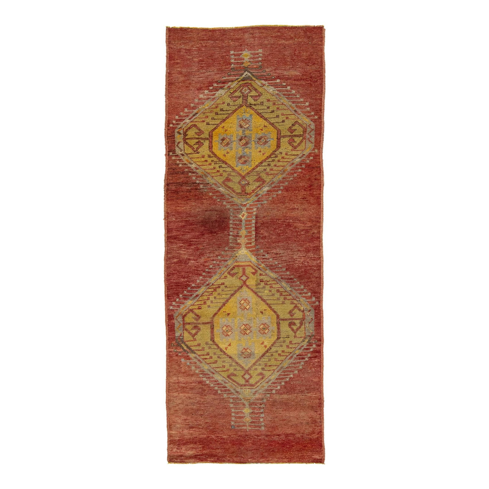Vintage Turkish Wool Runner Brick Red Geometric Design 2'5" x 6'9": Vintage Turkish Wool Runner Brick Red Geometric Design 2'5" x 6'9" This vintage Turkish runner features a captivating red-rust field adorned with an intricate tribal geometric pattern that spans the e