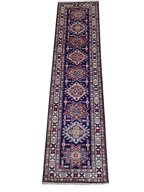 Hand-Knotted 2.6 x 9.5 Blue Kazak Area Rug from Pakistan: Hand-Knotted 2.6 x 9.5 Blue Kazak Area Rug from Pakistan Free continental US Shipping Transform your living space with this stunning 2.6 x 9.5 Blue Hand-knotted Kazak Pattern Area Rug. Meticulously ha