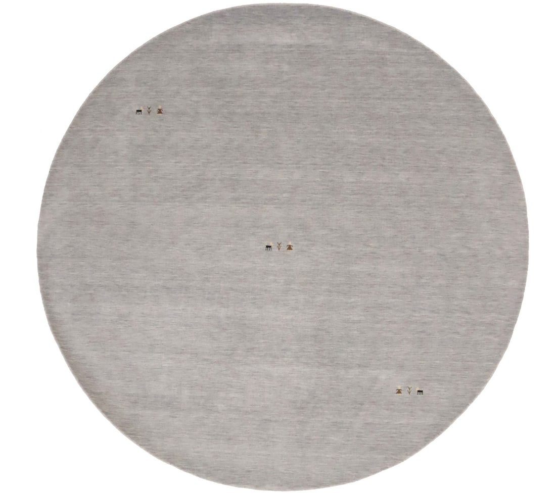 Hand-Loomed Modern Gray Round Gabbeh Rug 8'1 Pictorial Design: Hand-Loomed Modern Gray Round Gabbeh Rug 8'1 Pictorial Design Enhance your living space with this stunning Modern Gray Gabbeh Round Rug, measuring 8'1" in both length and width. Hand-loomed from high-