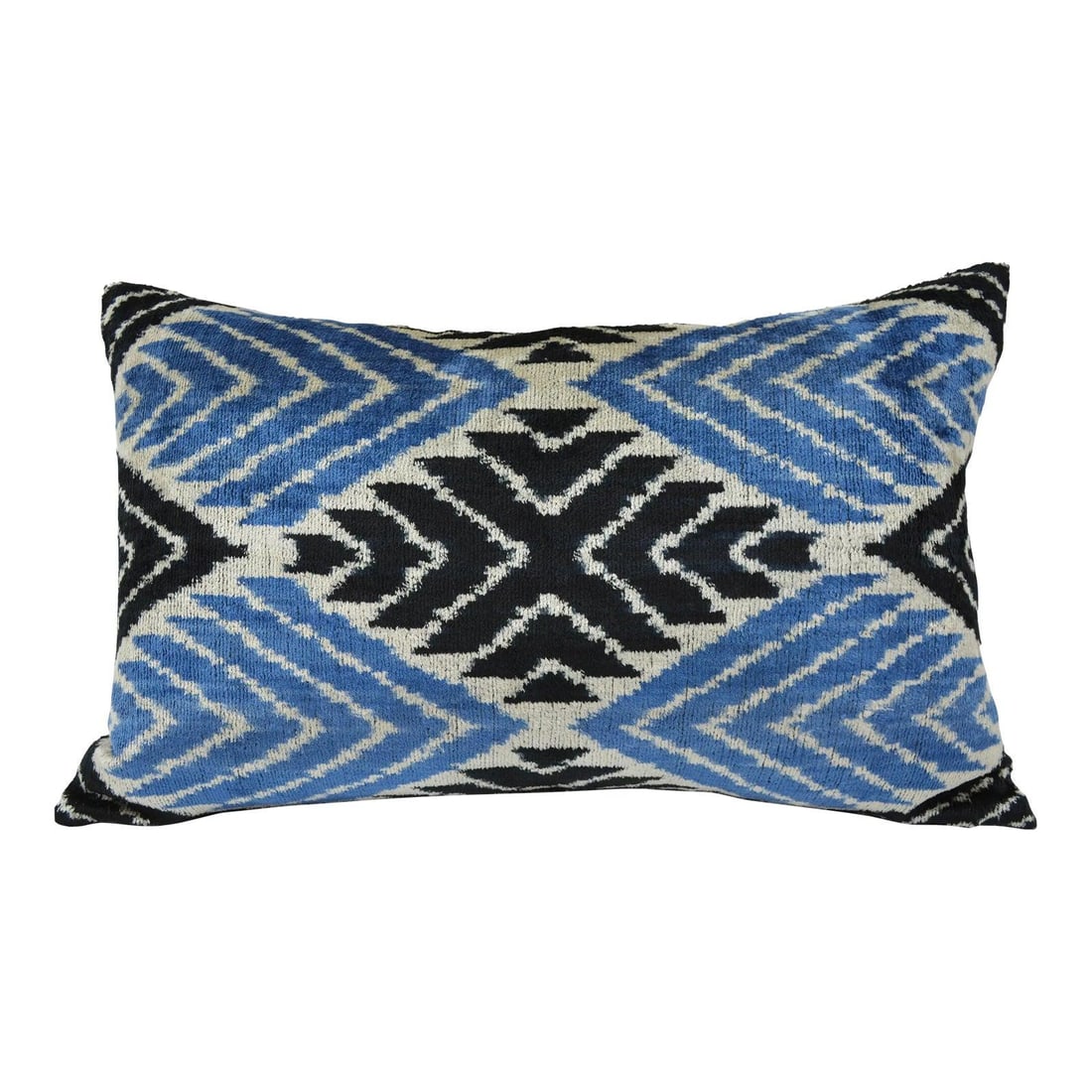 Sky Blue Silk Ikat Velvet Pillow with Linen Back and Feather Insert: Sky Blue Silk Ikat Velvet Pillow with Linen Back and Feather Insert This hand made pillow cushion features a silk Uzbek Ikat velvet front with a natural linen backing and a hidden zipper for a clean f
