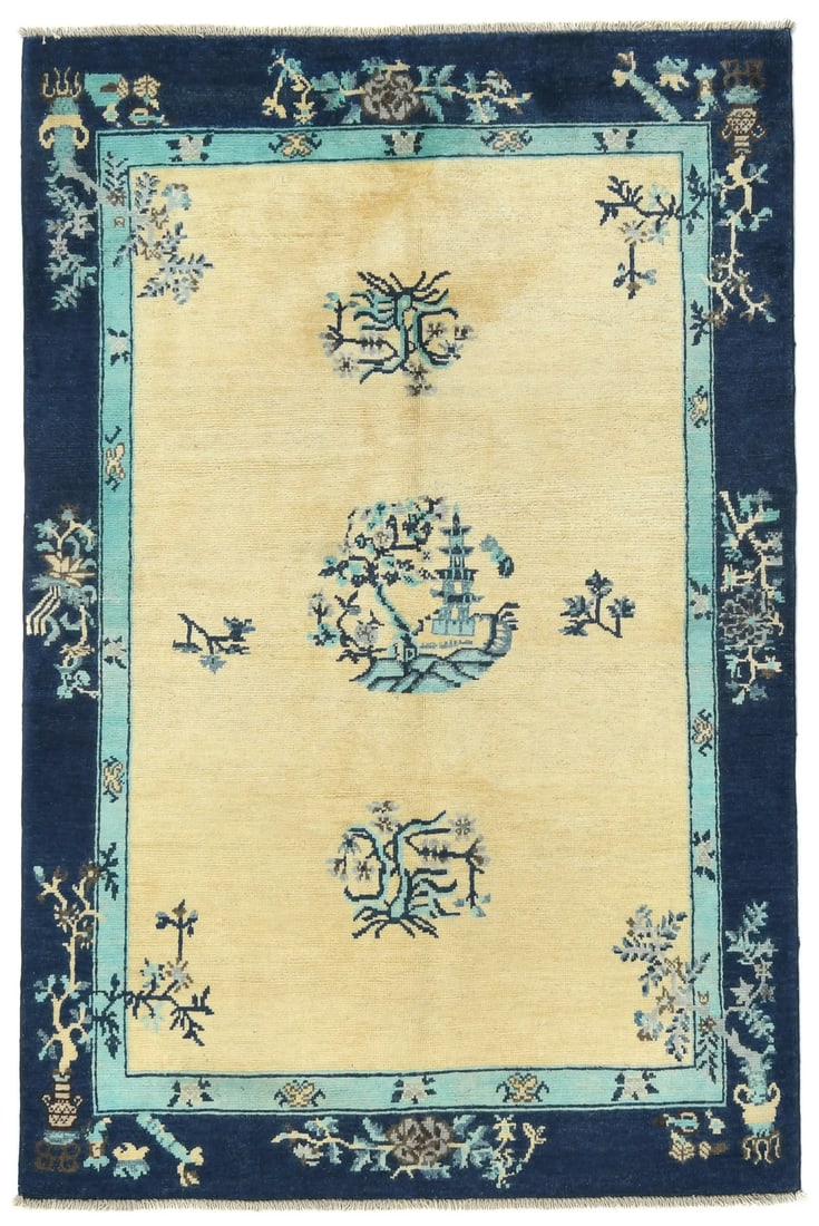 Handmade Kazak Oushak Wool Area Rug 3'9 x 5'8 Modern Design: Handmade Kazak Oushak Wool Area Rug 3'9 x 5'8 Modern Design Enhance your living space with this exquisite Handmade Kazak Oushak Oriental Carpet. Featuring a modern bordered design, this rug measures 3