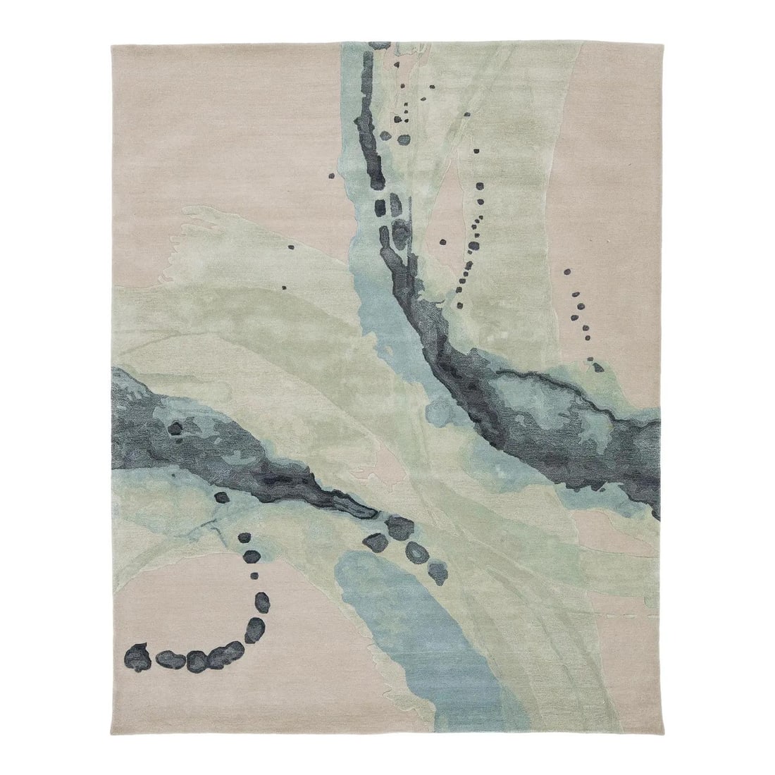 8x10 Hand-Tufted Wool Viscose Rug Abstract Sage Slate Design: 8x10 Hand-Tufted Wool Viscose Rug Abstract Sage Slate Design Modern hand-tufted rug with an abstract design that echoes watercolor strokes and geological textures. It features a warm beige base with s