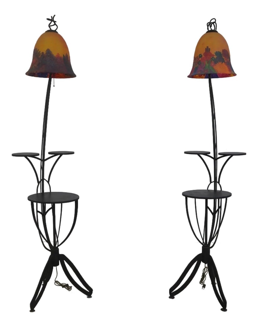 Set of Two Handcrafted Iron Floor Lamps With Reverse Painted Shades: Set of Two Handcrafted Iron Floor Lamps With Reverse Painted Shades This pair of industrial studio crafted floor lamps features handcrafted iron construction and striking reverse paint decorated bell-