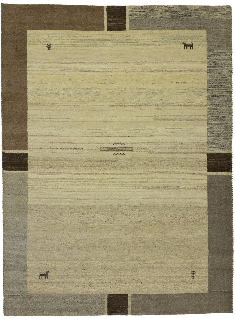 Vibrant Multicolor Tribal Wool Area Rug 5'7 x 7'7 Hand-Knotted: Vibrant Multicolor Tribal Wool Area Rug 5'7 x 7'7 Hand-Knotted Enhance your living space with this striking Contemporary Indo-Gabbeh Oriental Rug, featuring a vibrant multicolored tribal design. Perfe