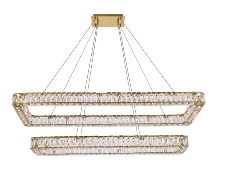 Monroe 2 Tier LED Crystal Chandelier Gold 50 Inch: Monroe 2 Tier LED Crystal Chandelier Gold 50 Inch This modern two-tier chandelier features a gold finish with royal cut clear crystals, creating an elegant statement for dining rooms, foyers, kitchens