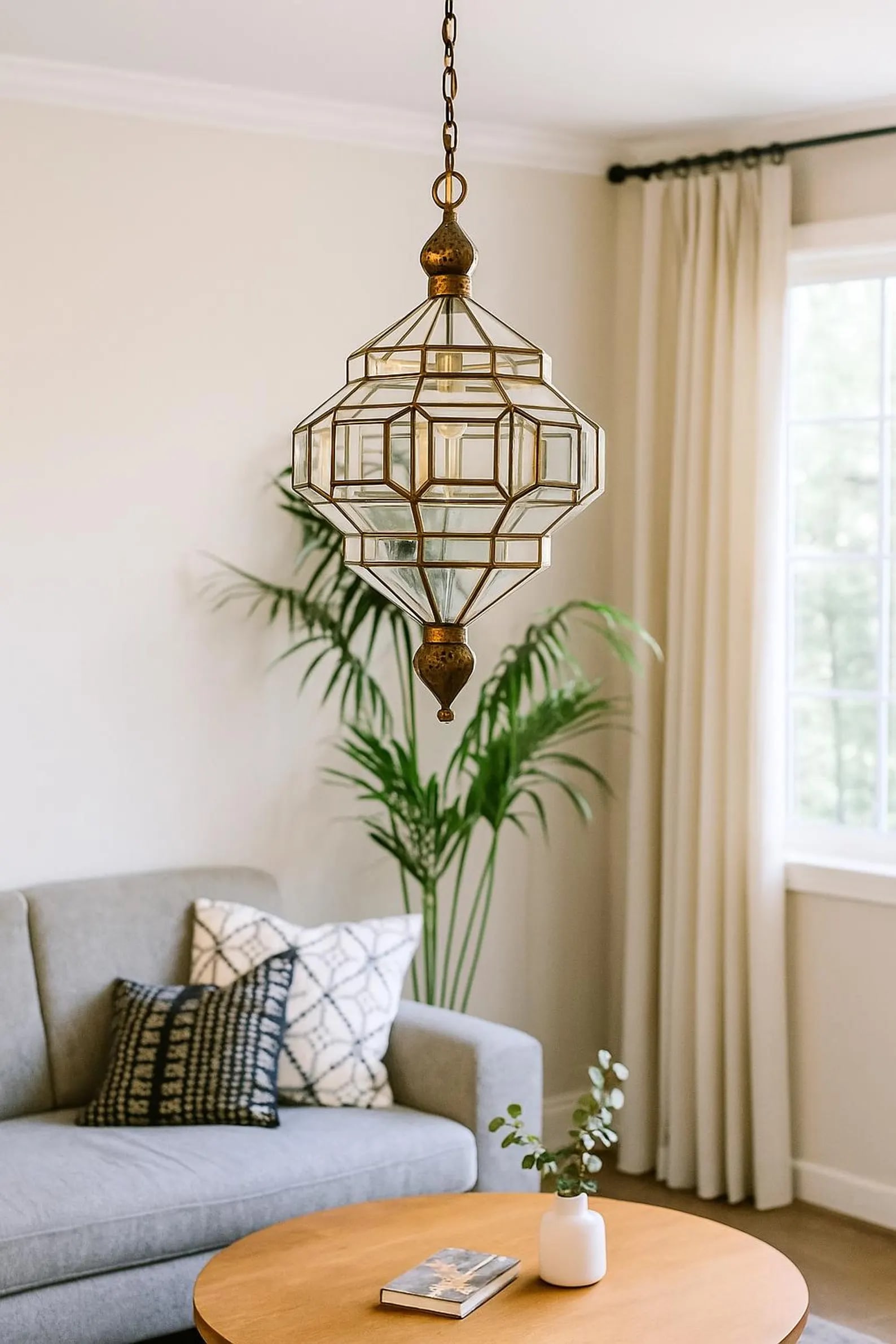 Moroccan brass glass geometric pendant lantern 30 cm: Moroccan brass glass geometric pendant lantern 30 cm This handmade Moroccan pendant light combines traditional craftsmanship with a modern geometric design. Expertly crafted in Marrakech, it features 
