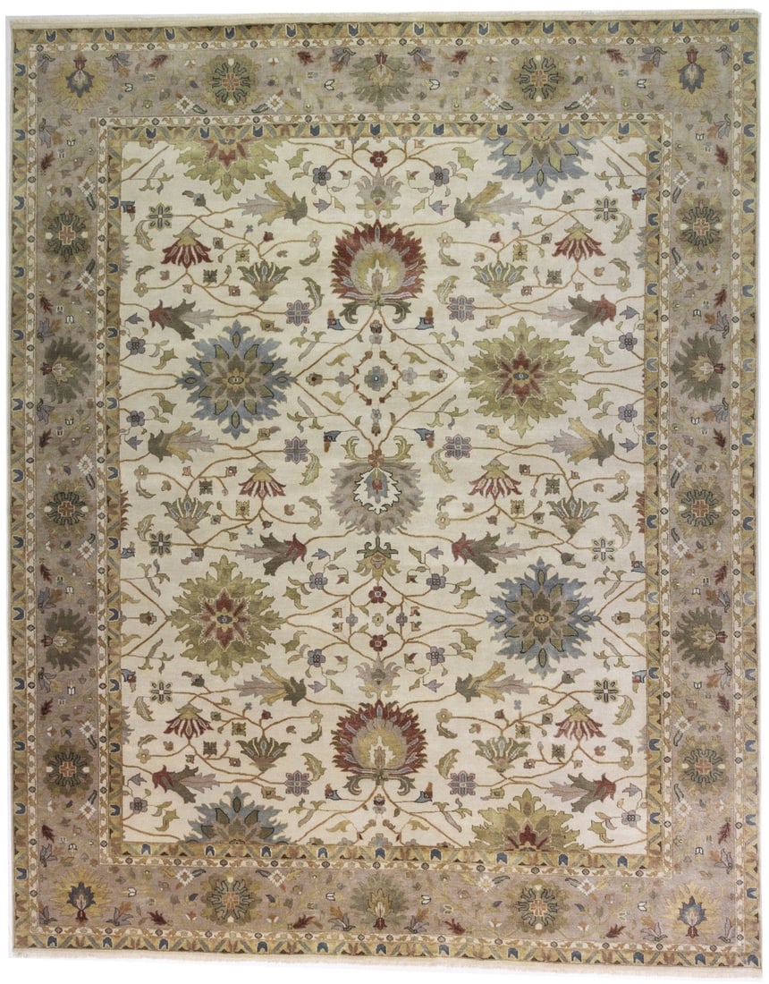 Hand-Knotted Wool Floral Area Rug 12'0 x 15'1 Modern Peshawar Design: Hand-Knotted Wool Floral Area Rug 12'0 x 15'1 Modern Peshawar Design This extra-large Peshawar Osh Chobi Oriental rug features a hand-knotted wool construction with a floral pattern in cream, tan, blu