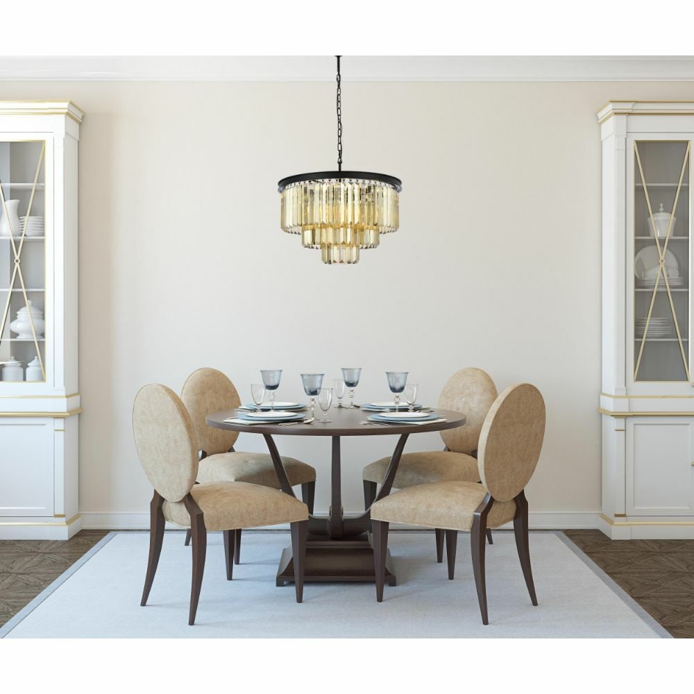 Sydney 9 Light Crystal Chandelier Matte Black 26 in: Sydney 9 Light Crystal Chandelier Matte Black 26 in Modern 9-light chandelier with a matte black finish and golden teak crystal detailing. It is hardwired, indoor-rated, and designed for entryway, foy