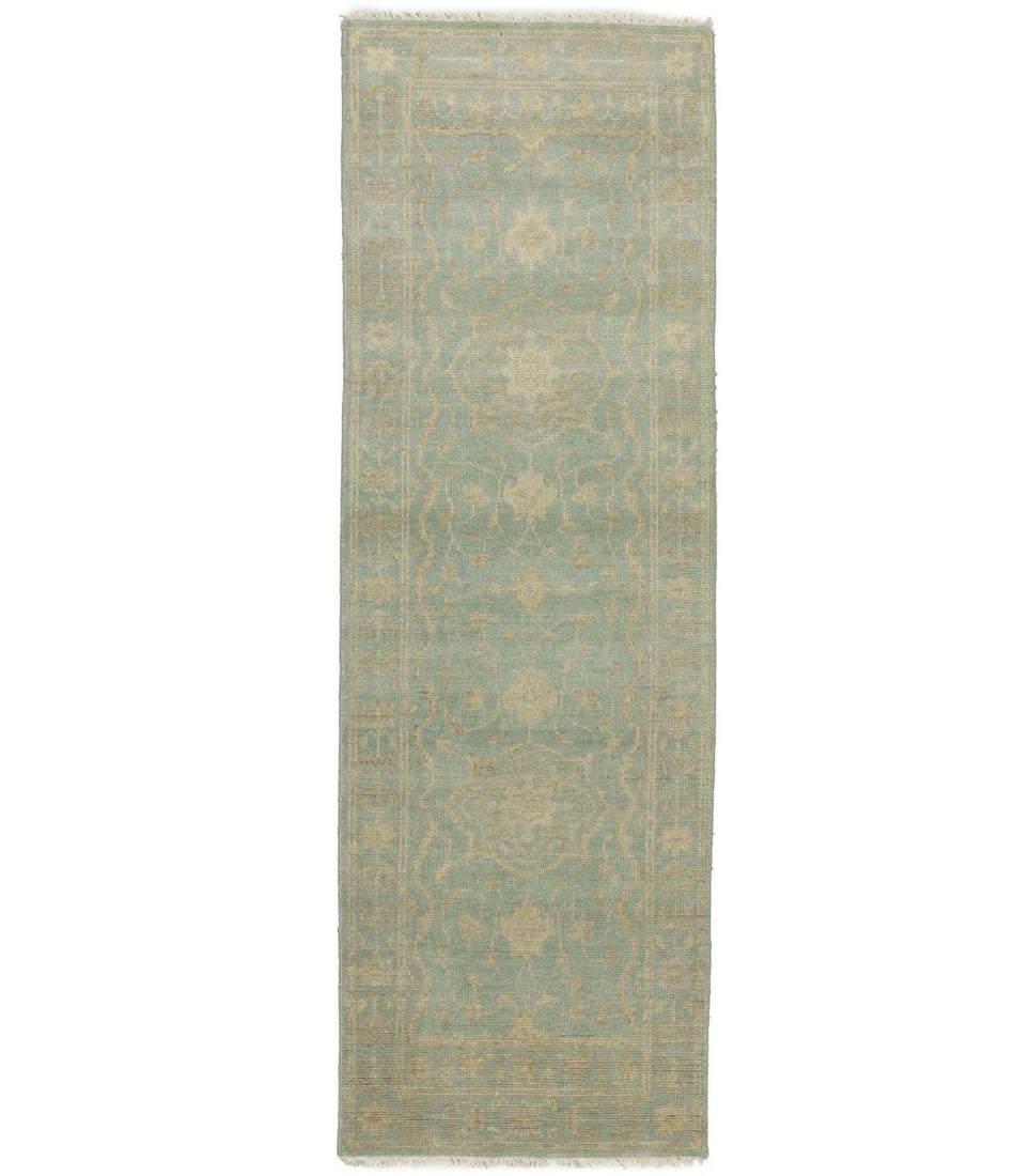 Hand Knotted Wool Floral Runner Rug 2'6 x 7'10 Aqua Blue: Hand Knotted Wool Floral Runner Rug 2'6 x 7'10 Aqua Blue This hand-knotted runner rug features a muted aqua blue floral design, complemented by cream and beige tones. Crafted from wool, it offers a me