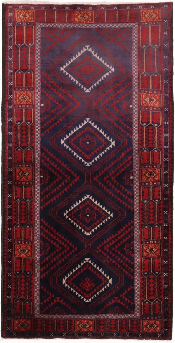 Hand-Knotted Wool Tribal Geometric Area Rug 3'4 x 6'8 Vintage Western Asia: Hand-Knotted Wool Tribal Geometric Area Rug 3'4 x 6'8 Vintage Western Asia This vintage hand-knotted area rug features a striking red, plum, gold, cream, and gray geometric tribal pattern. Crafted fro
