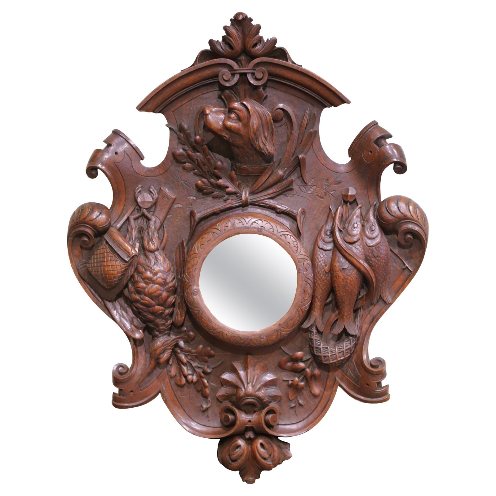 19th Century French Black Forest Walnut Hunting Panel with Mirror: 19th Century French Black Forest Walnut Hunting Panel with Mirror This stunning 19th Century French Black Forest wall hunting panel features a beautifully hand-carved walnut frame with an integrated r