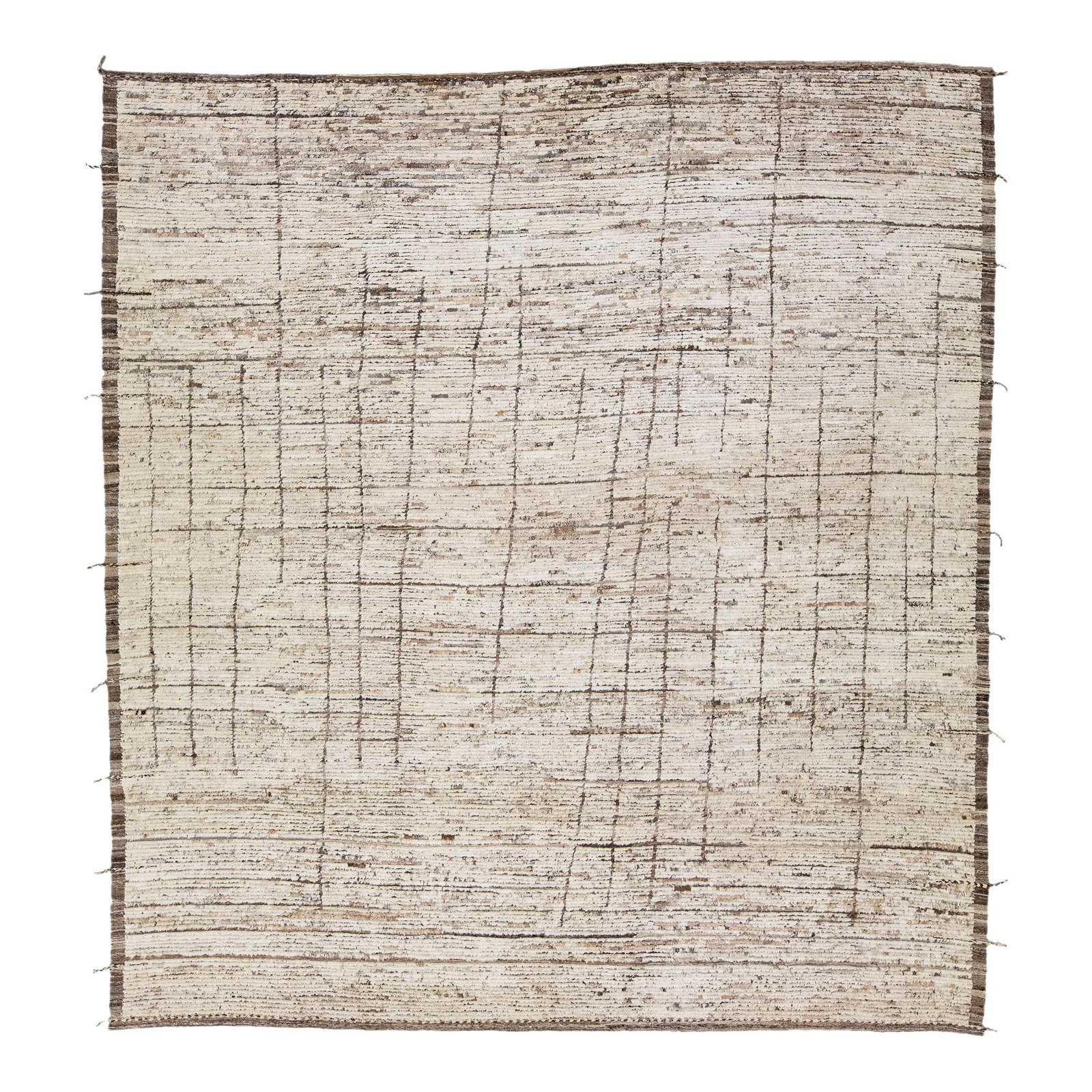 Modern Moroccan Handmade Geometric Wool Rug 11'9 x 13': Modern Moroccan Handmade Geometric Wool Rug 11'9 x 13' Enhance your living space with this stunning Moroccan-style handmade wool rug. Featuring a beige color field adorned with rich brown accents, thi