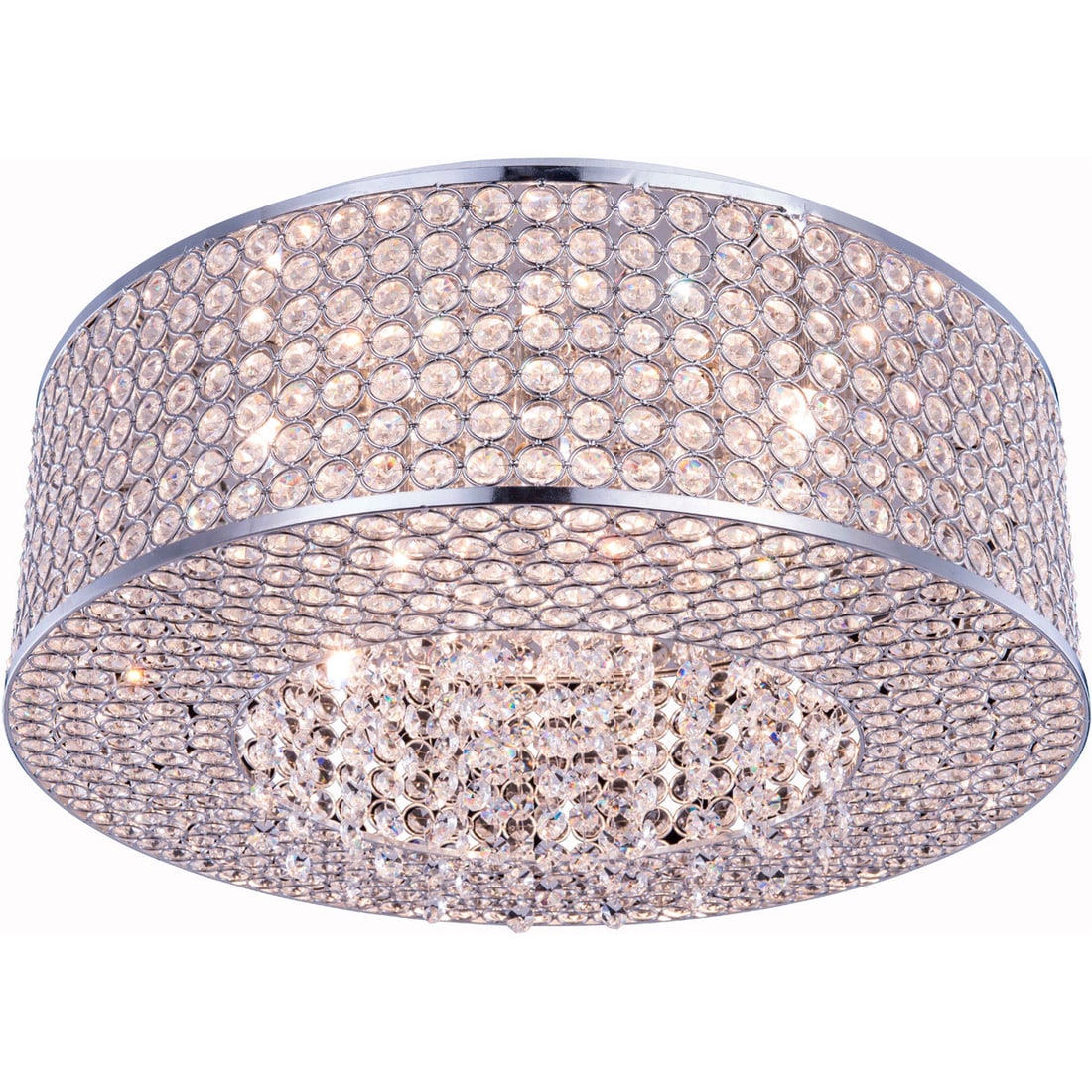 Amelie 8-Light Chrome Crystal Flush Mount Chandelier 20 Inch: Amelie 8-Light Chrome Crystal Flush Mount Chandelier 20 Inch This modern flush mount chandelier features eight lights and a high-quality chrome finish, complemented by royal cut clear crystals for a s