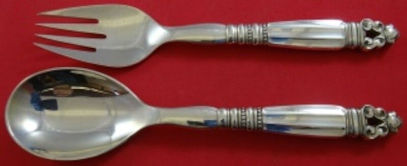 Georg Jensen Acorn Sterling Silver Salad Serving Set 2-Piece: Georg Jensen Acorn Sterling Silver Salad Serving Set 2-Piece This exquisite 2-piece salad serving set exemplifies the renowned Acorn pattern by Georg Jensen, crafted from high-quality sterling silver.