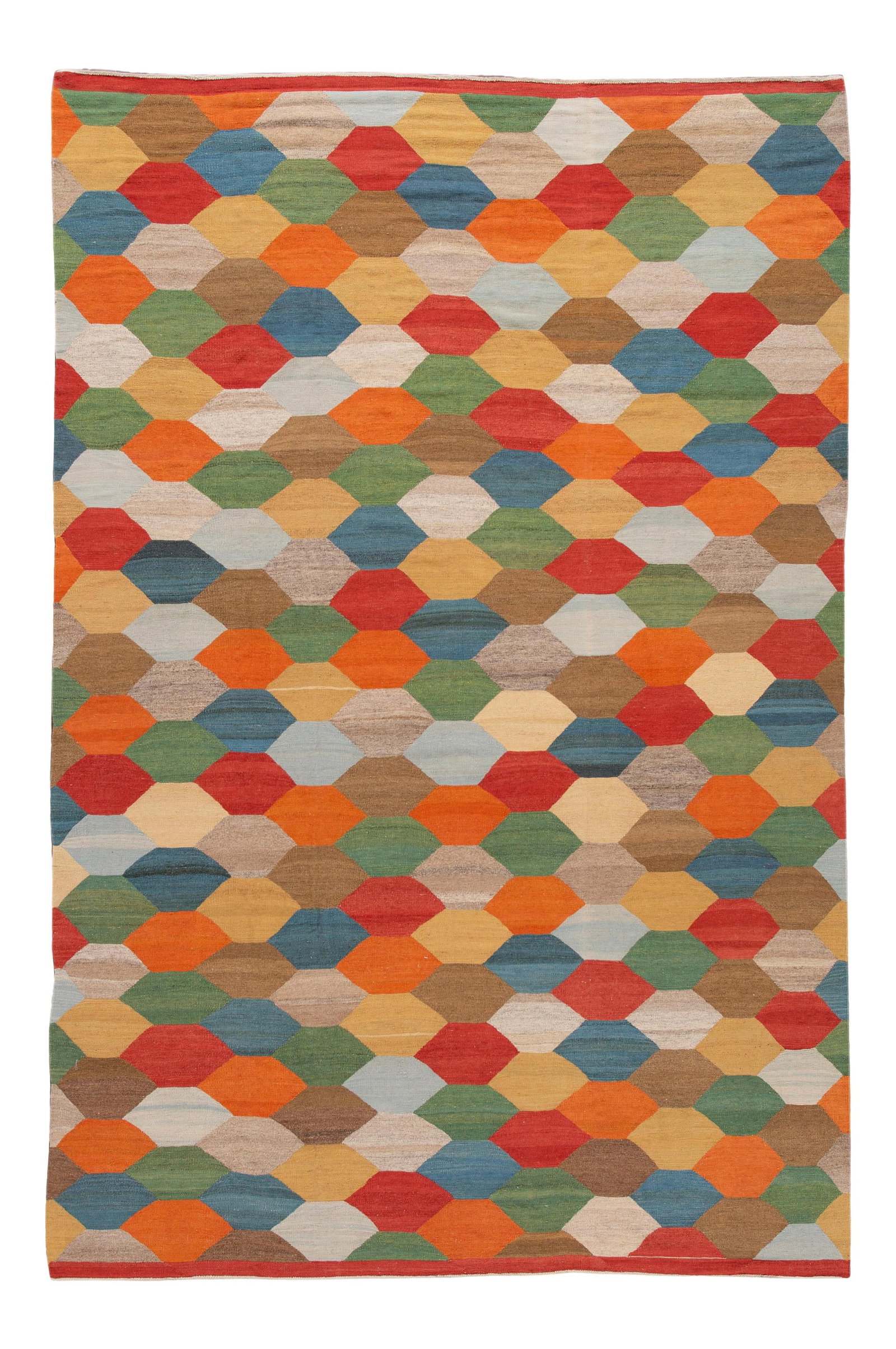 Vibrant Hand-Knotted Modern Kilim Wool Rug 8'5 X 12'9: Vibrant Hand-Knotted Modern Kilim Wool Rug 8'5 X 12'9 Enhance your living space with this stunning hand-knotted modern wool Kilim rug. Featuring a vibrant all-over geometric design in multicolored hue