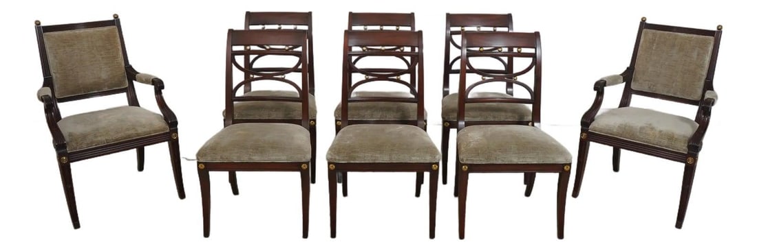Eight Regency Style Mahogany Dining Chairs Model 106 With Brass Accents Set of 8: Eight Regency Style Mahogany Dining Chairs Model 106 With Brass Accents Set of 8 This set includes eight Henkel Harris Model 106 dining chairs crafted in mahogany with solid brass hardware and an eleg