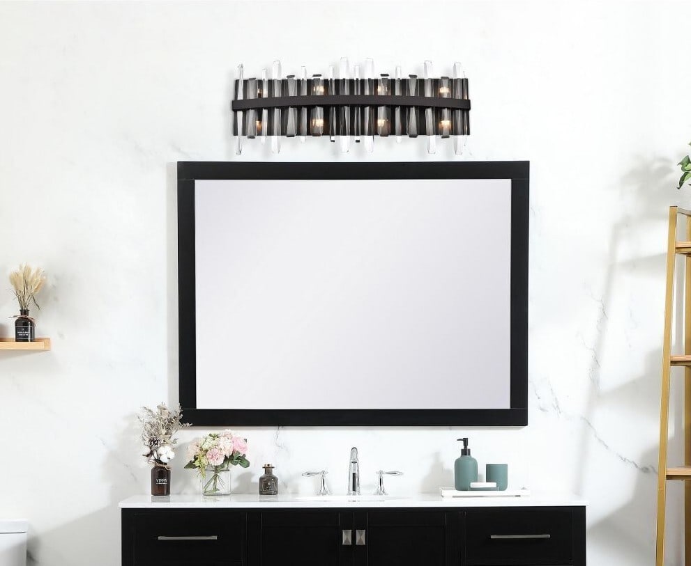 Serena 8 Light Black Crystal Glass Wall Sconce 30 Inch: Serena 8 Light Black Crystal Glass Wall Sconce 30 Inch This modern black wall sconce from the Serena Collection features eight lights and high-quality clear crystal accents, creating an elegant lighti