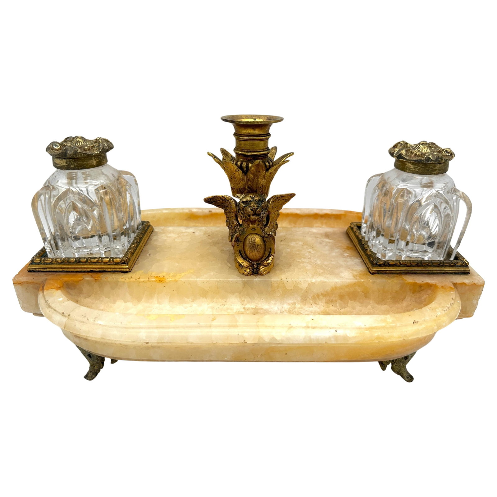 19th Century French Gothic Ormolu Cut Glass Double Inkwell with Griffin: 19th Century French Gothic Ormolu Cut Glass Double Inkwell with Griffin Discover the elegance of the 19th-century French Gothic Ormolu Cut Glass and Marble/Quartz Double Inkwell, crafted around the 18