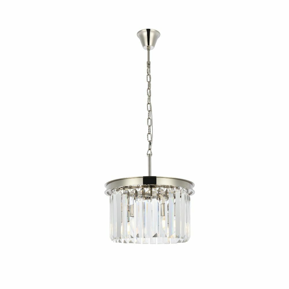 Sydney 3-Light Crystal Pendant in Polished Nickel: Sydney 3-Light Crystal Pendant in Polished Nickel This modern crystal chandelier features a polished nickel frame and high-quality clear crystals, designed to add elegance to dining rooms, bedrooms, l