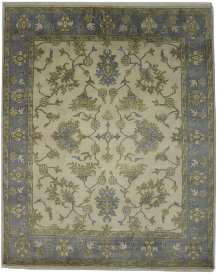 Cream Floral Oushak Chobi Wool Area Rug 8'1 x 10' Hand-Knotted Modern Design: Cream Floral Oushak Chobi Wool Area Rug 8'1 x 10' Hand-Knotted Modern Design This hand-knotted Oushak Chobi wool rug features a cream floral design with muted tones of gray and golden beige. Designed 