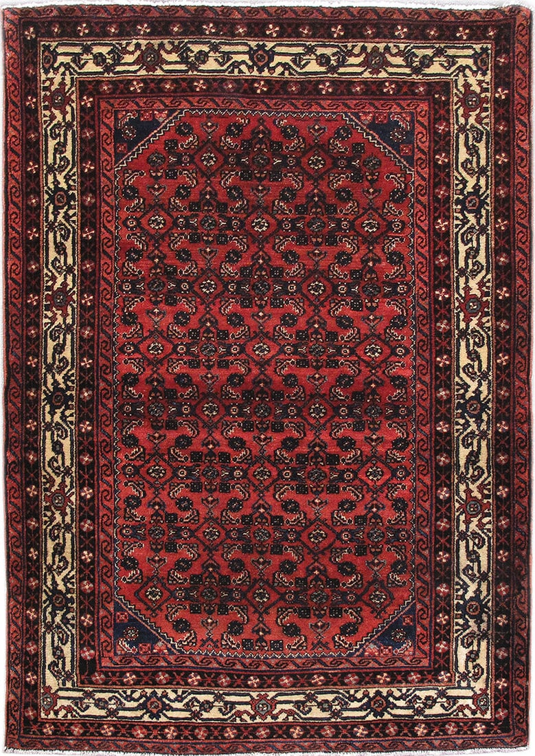 Handcrafted 4.7 x 6.6 Persian Hamadan Area Rug Wool Tabriz Design: Handcrafted 4.7 x 6.6 Persian Hamadan Area Rug Wool Tabriz Design Free continental US Shipping Discover the exquisite craftsmanship of this Ethnic Persian Hamadan Rug, measuring 4' 7" x 6' 6". Hand-kn