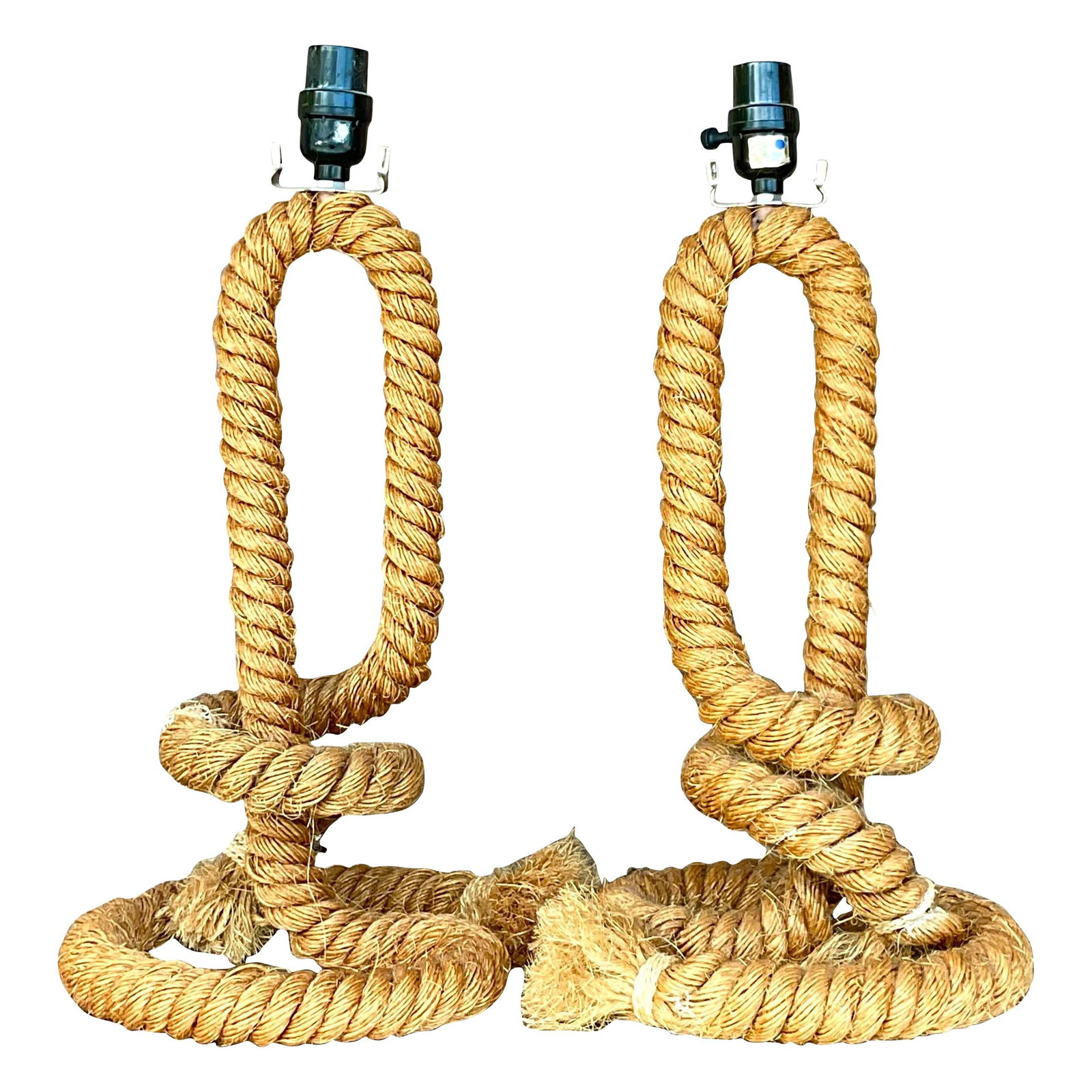Chic Vintage Boho Twisted Rope Table Lamps Pair: Chic Vintage Boho Twisted Rope Table Lamps Pair Enhance your living space with this chic pair of vintage Boho table lamps. Featuring a unique twisted rope design adorned with intricate gnarly details,