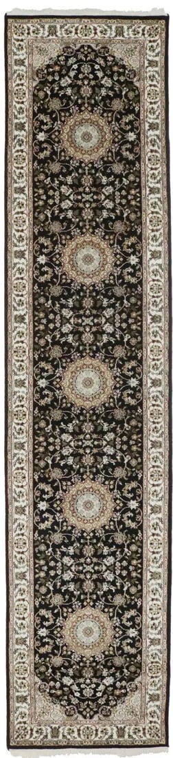 Handmade Indo Nain Black Floral Wool Silk Runner 2'8 x 12'0: Handmade Indo Nain Black Floral Wool Silk Runner 2'8 x 12'0 This handmade Indo-Nain runner rug features a hand-knotted design crafted from wool and silk. Showcasing a modern floral pattern in black, c