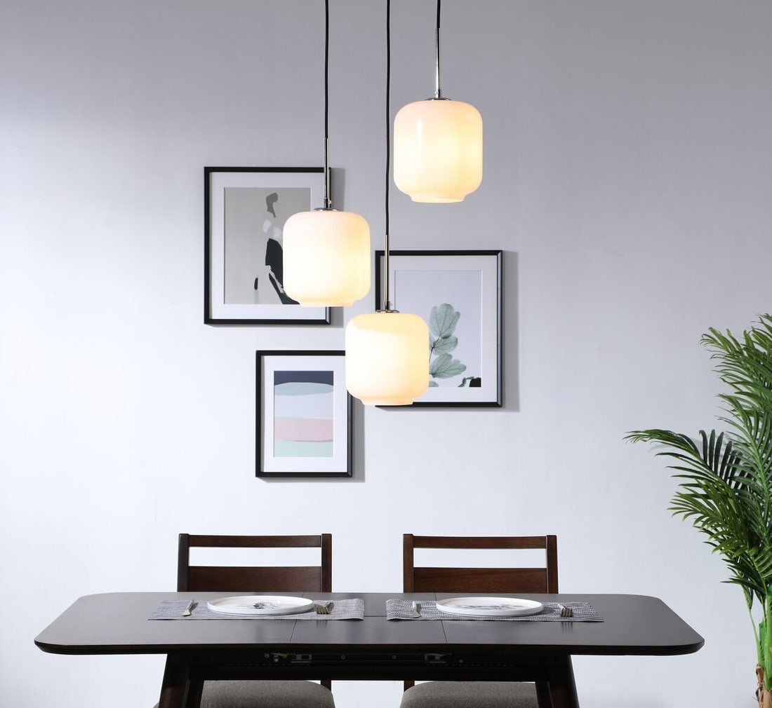 Collier 3 Light Chrome Frosted Glass Pendant Chandelier: Collier 3 Light Chrome Frosted Glass Pendant Chandelier This modern pendant chandelier features a polished chrome finish with frosted white glass shades, creating a contemporary look suitable for foye