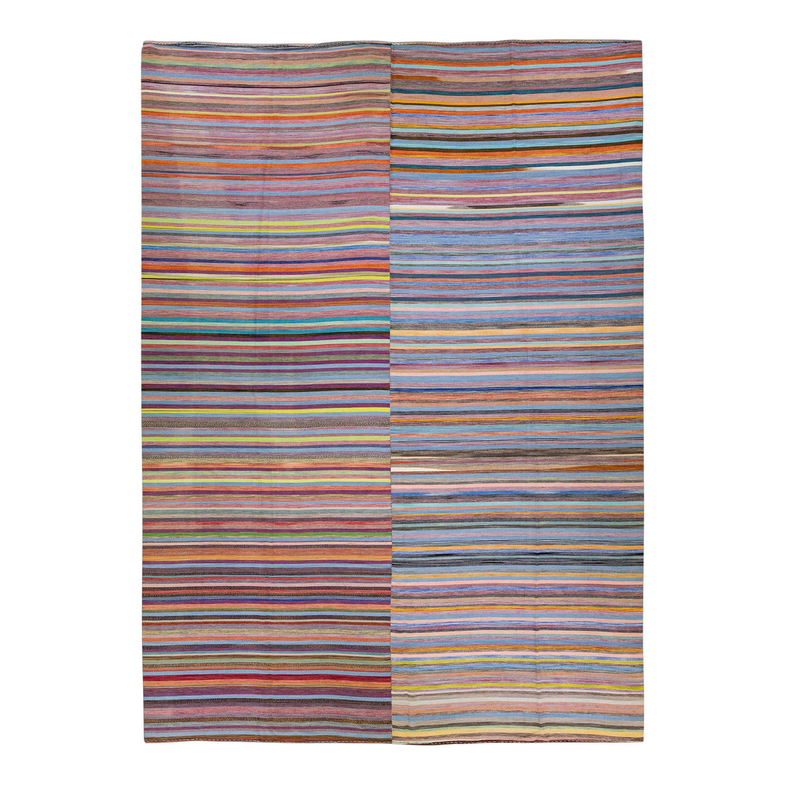Handmade Multicolor Wool Kilim Rug 11'11 x 16'9 Modern Striped Design: Handmade Multicolor Wool Kilim Rug 11'11 x 16'9 Modern Striped Design Enhance your space with this stunning modern Kilim flat-weave wool rug, featuring an eye-catching multicolor field and an abstract