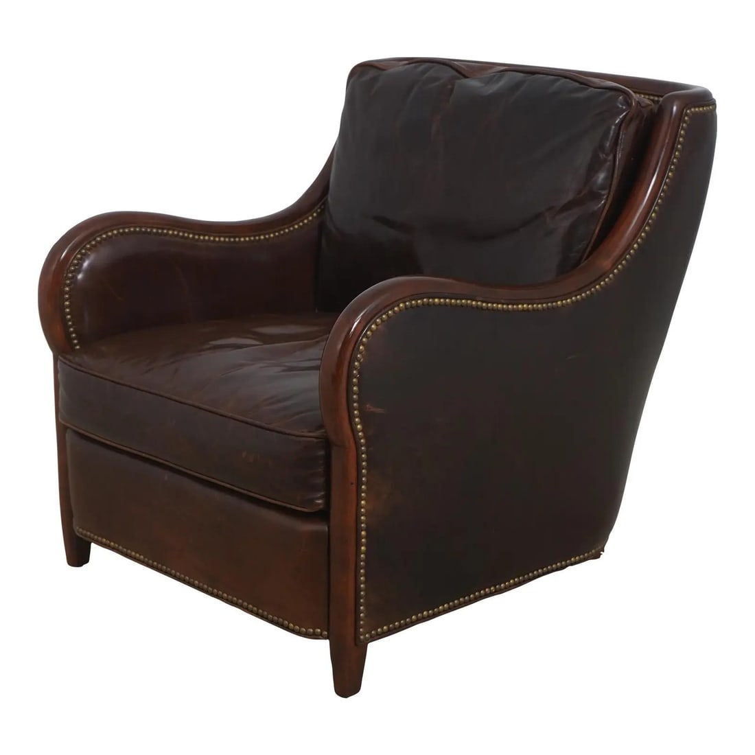 Brown Leather Club Chair by Theodore Alexander Mahogany Frame: Brown Leather Club Chair by Theodore Alexander Mahogany Frame This Theodore Alexander club chair features top grade leather with an English style tack head trim and high quality construction. It has a