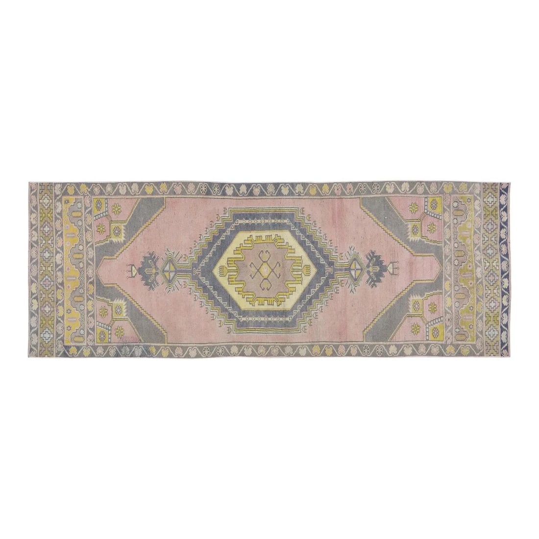 3'2" x 9'1" Oushak Runner Vintage Turkish Wool Hand Knotted Rug: 3'2" x 9'1" Oushak Runner Vintage Turkish Wool Hand Knotted Rug This vintage Turkish Oushak rug features a hand-knotted design crafted from organic wool, offering a soft texture and natural gray tones