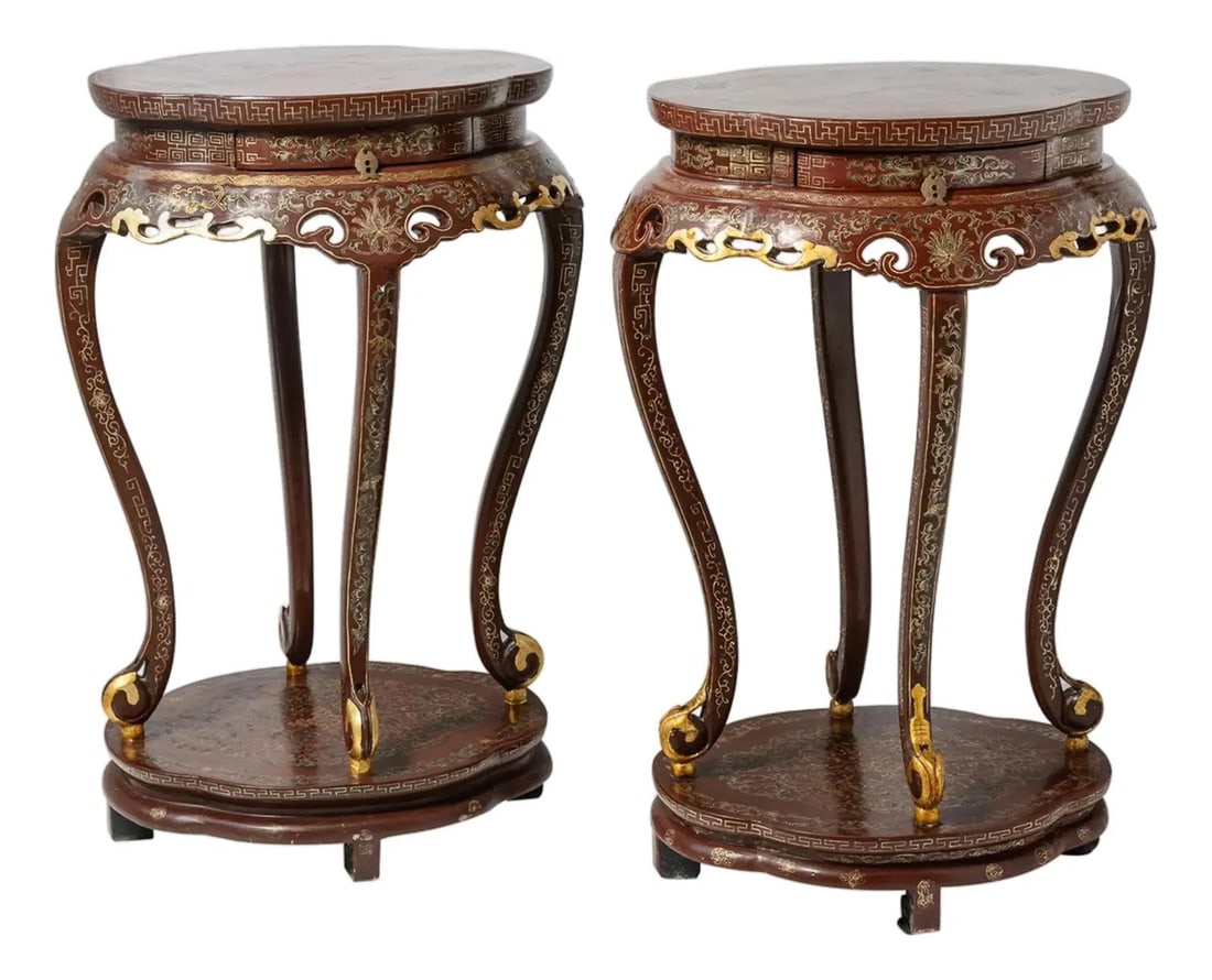 Elegant Pair of Chinese Lacquered Gilt Chinoiserie Pedestals 34.5" Tall (1 of 10)
