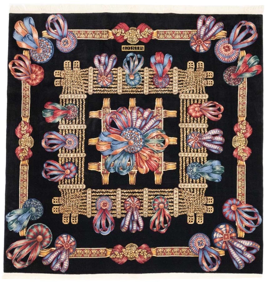 Hand-Knotted Wool Square Floral Area Rug 8x8 Pakistan Black Vintage Style: Hand-Knotted Wool Square Floral Area Rug 8x8 Pakistan Black Vintage Style This handmade square Oriental carpet features a striking black floral design with gold, red, dusty blue, and ivory accents. Ex