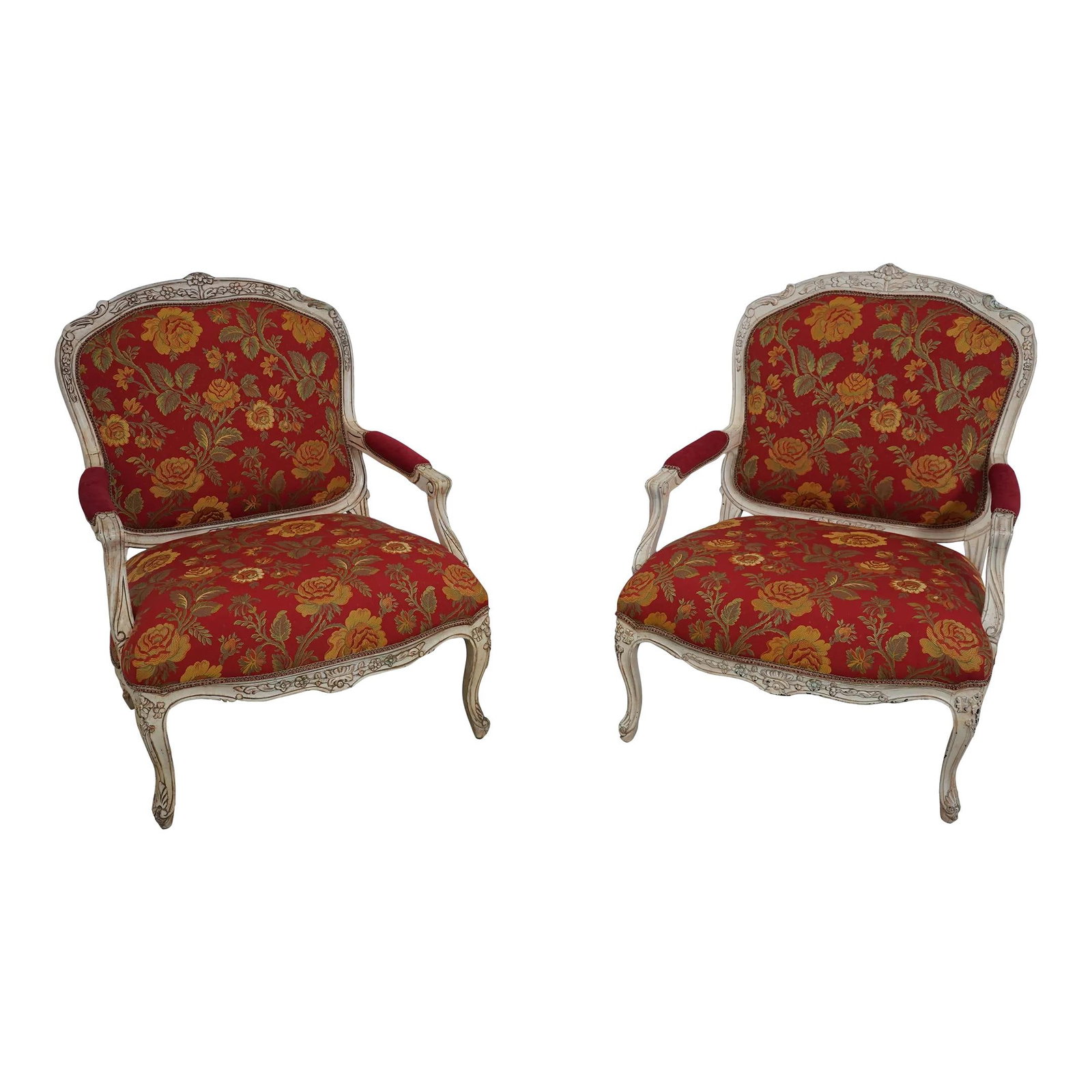 Elegant Pair of French Louis XV Bergere Chairs in Red Upholstery: Elegant Pair of French Louis XV Bergere Chairs in Red Upholstery This exquisite pair of French Louis XV Bergere chairs showcases a blend of elegance and comfort, featuring a nice wide seat design and 