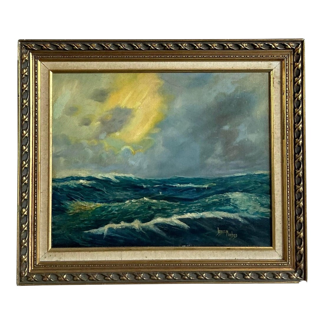 Framed Oil Painting of Coastal Seascape on Canvas 25.25 x 21.25 Inches: Framed Oil Painting of Coastal Seascape on Canvas 25.25 x 21.25 Inches This vintage original oil painting features a dramatic seascape, capturing the raw power and beauty of a turbulent maritime scene