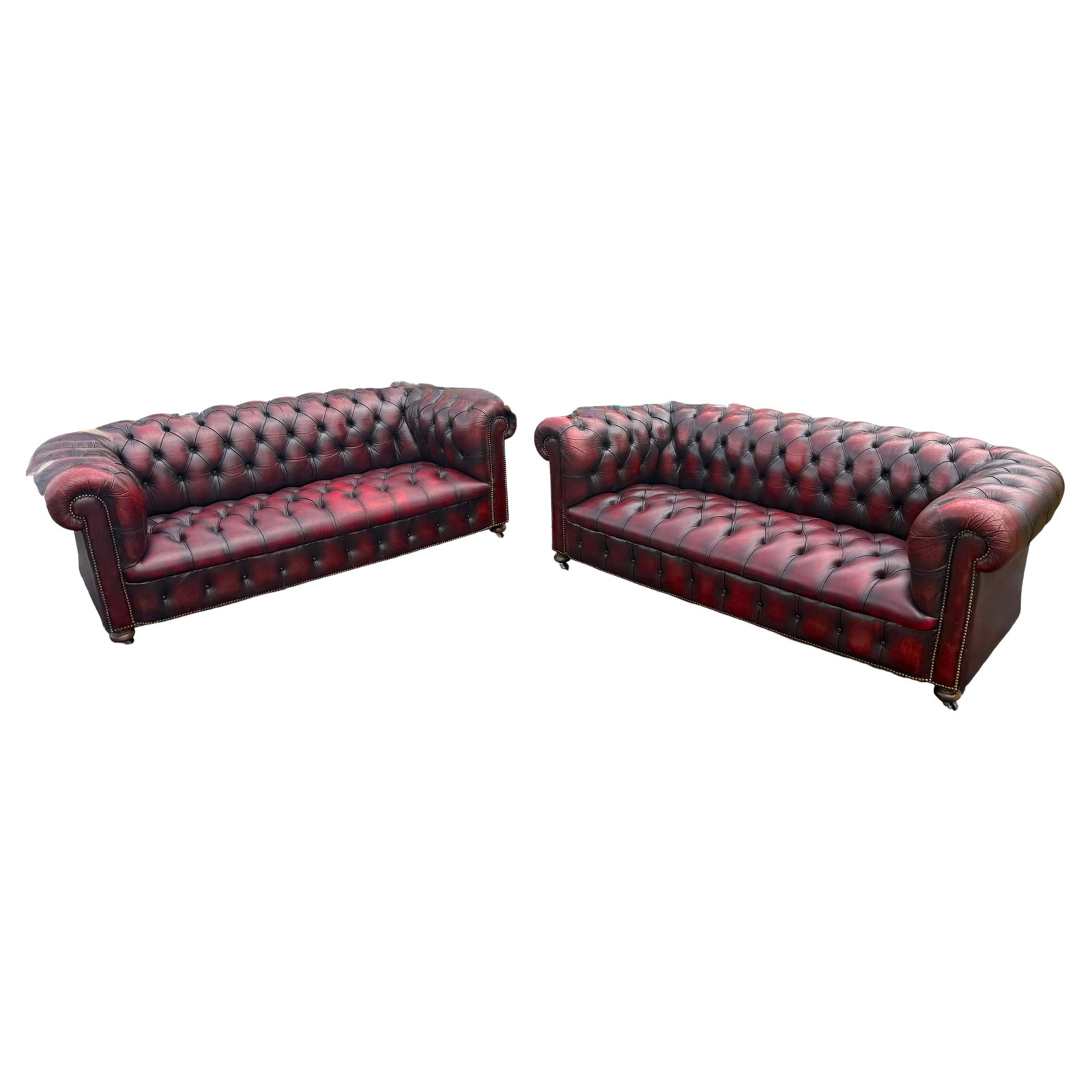 Set of 2 English Chesterfield Leather Sofas Burgundy 1950s (1 of 13)