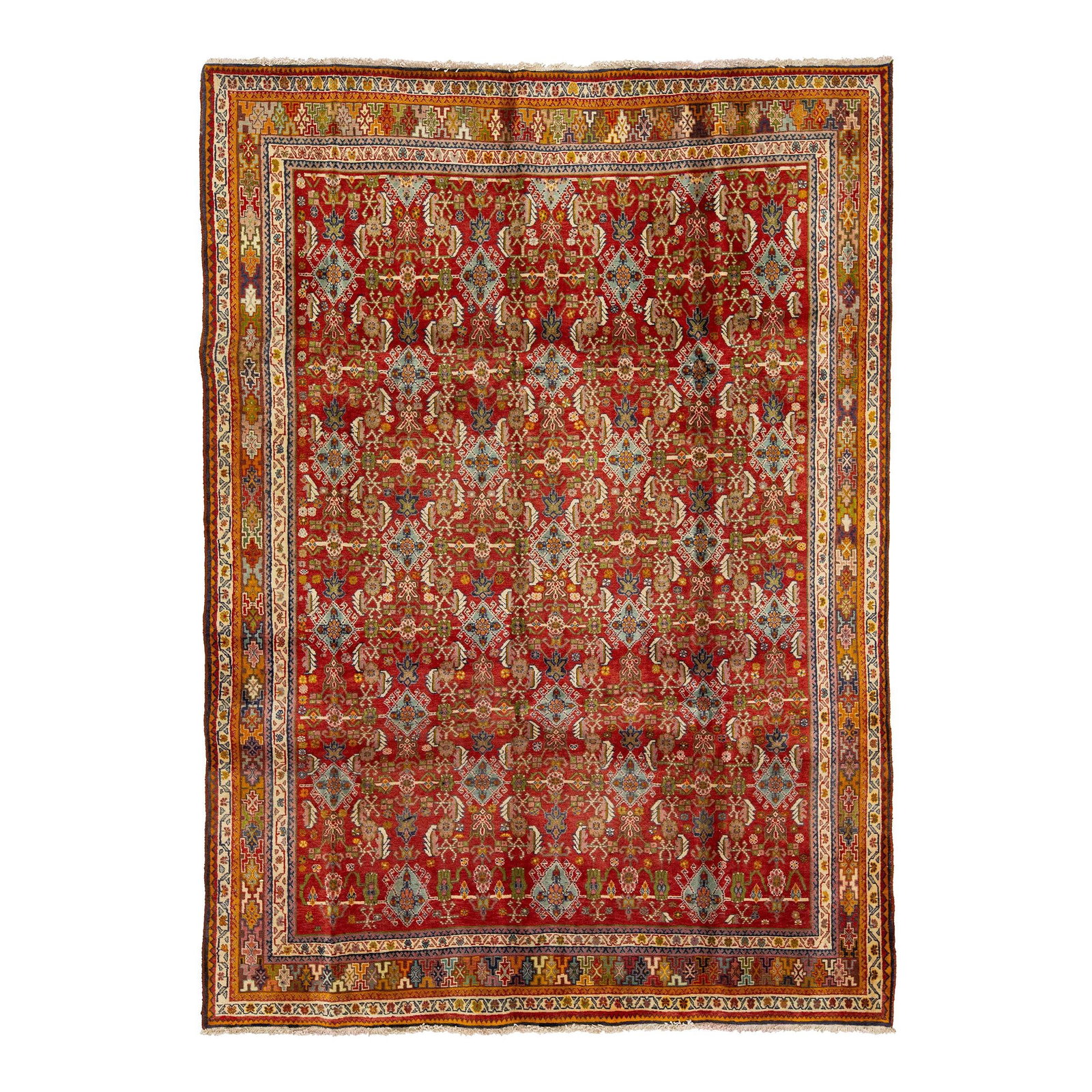 Handmade Shiraz Wool Rug with Multicolor Accents 6'10" x 9'6": Handmade Shiraz Wool Rug with Multicolor Accents 6'10" x 9'6" Enhance your living space with this exquisite Handmade Vintage Shiraz Wool Rug. Featuring a striking red field adorned with vibrant multic