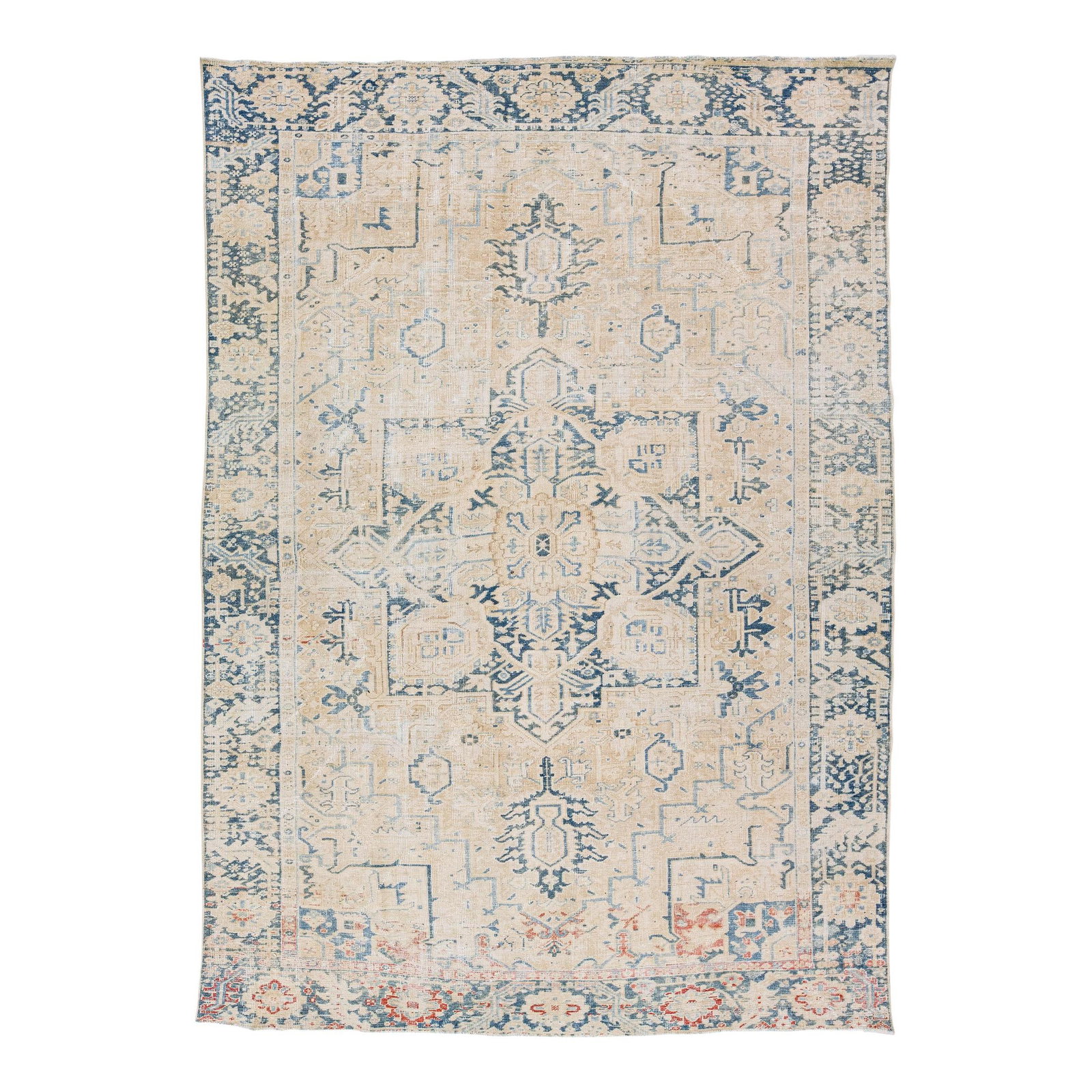 Beige Antique Persian Heriz Handmade Wool Rug 8' x 10'10" Shabby Chic: Beige Antique Persian Heriz Handmade Wool Rug 8' x 10'10" Shabby Chic Enhance your space with this exquisite antique Heriz hand-knotted wool rug featuring a warm beige field. The design showcases a st