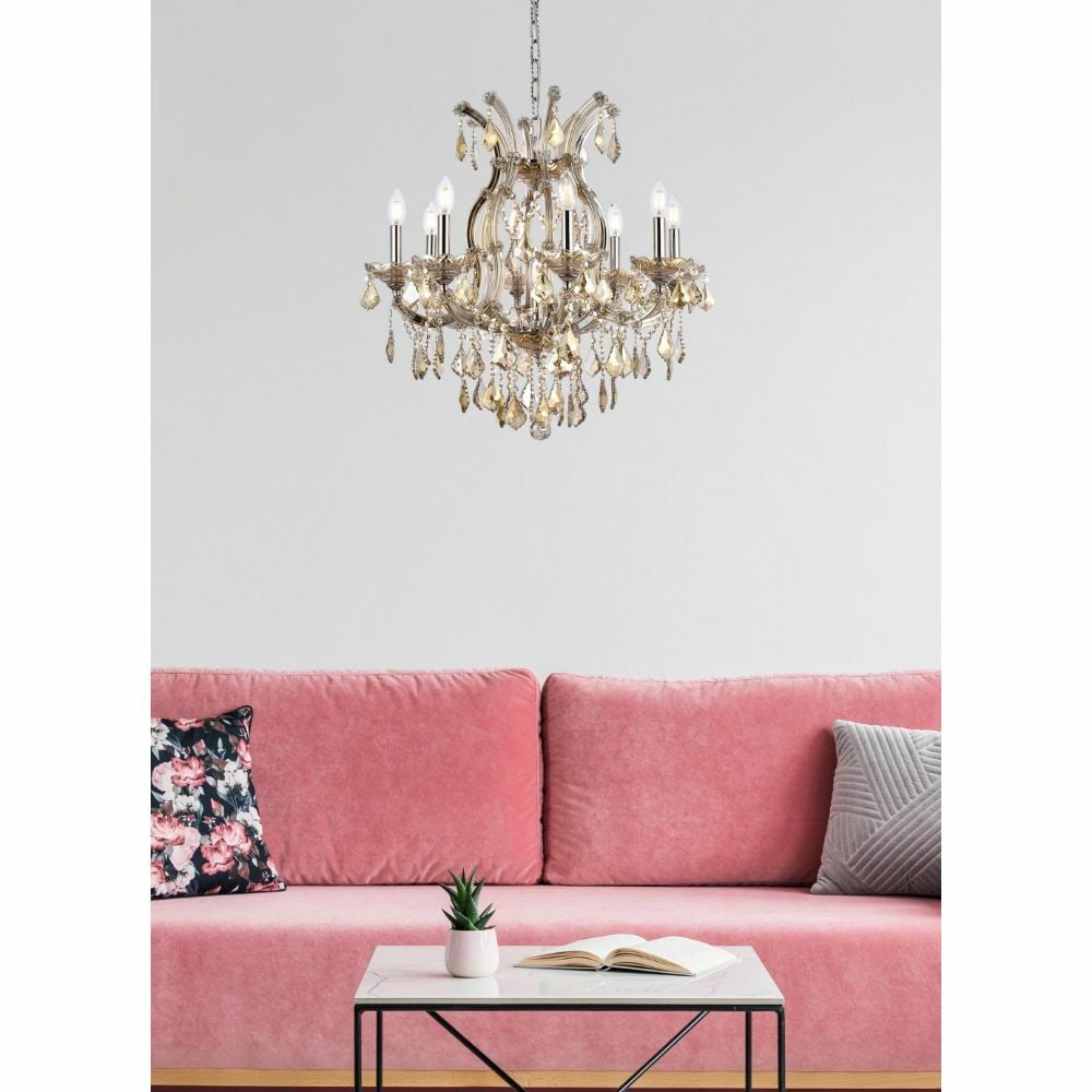 Maria Theresa 9 Light Golden Teak Crystal Chandelier 26 inch: Maria Theresa 9 Light Golden Teak Crystal Chandelier 26 inch The Maria Theresa chandelier features a striking golden teak finish with royal cut golden teak crystals and a matching frame, offering a so