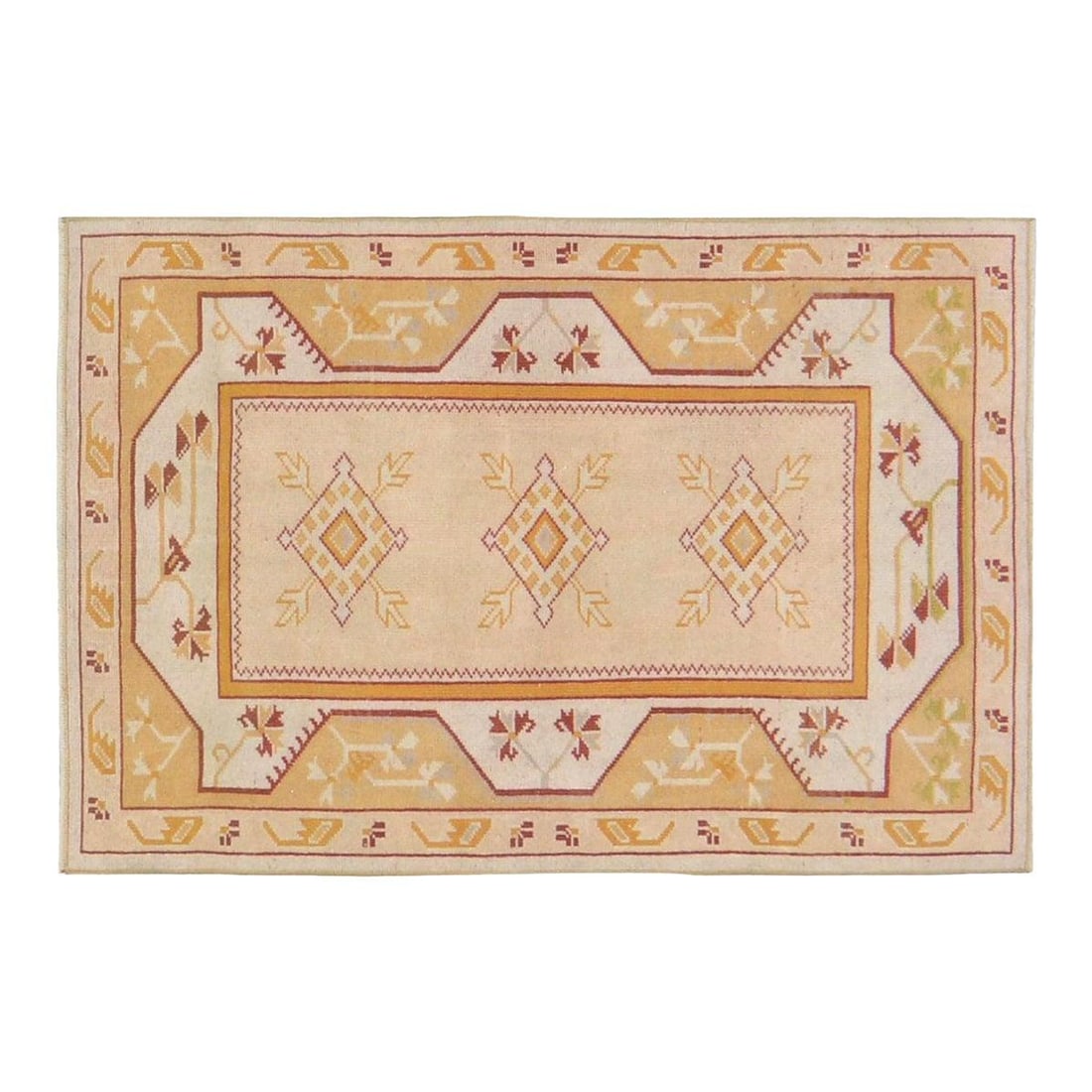 Handmade Anatolian Wool Area Rug Peach 3'8 x 4': Handmade Anatolian Wool Area Rug Peach 3'8 x 4' This vintage Turkish Anatolian rug is hand-knotted from wool using traditional techniques, combining timeless craftsmanship with a modern design sensibi