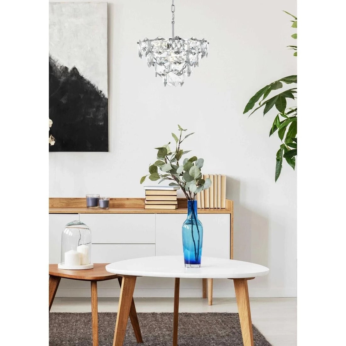 Adaline 6 Light Chrome Crystal Pendant Chandelier 16 in: Adaline 6 Light Chrome Crystal Pendant Chandelier 16 in Modern chrome and crystal pendant light fixture with a 16 in. width and adjustable height. It features 6 lights, clear crystal accents with Roya