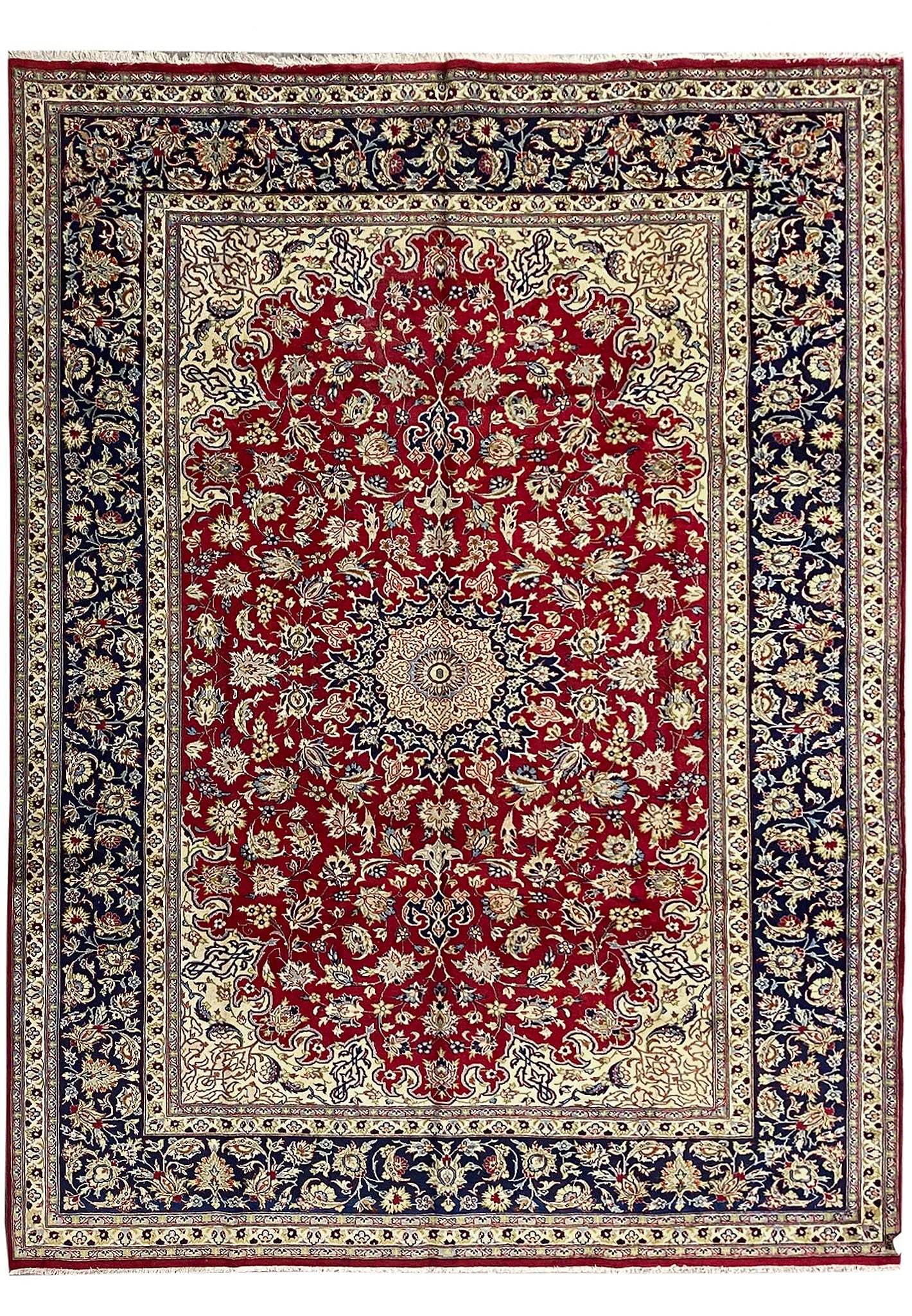 9.5 x 12.8 Persian Esfahan Najafabad Hand Knotted Wool Rug: 9.5 x 12.8 Persian Esfahan Najafabad Hand Knotted Wool Rug Free continental US Shipping This pre-owned Persian Esfahan Najafabad rug measures 9.5 x 12.8 and is hand-knotted in Najafabad, Iran. It is m
