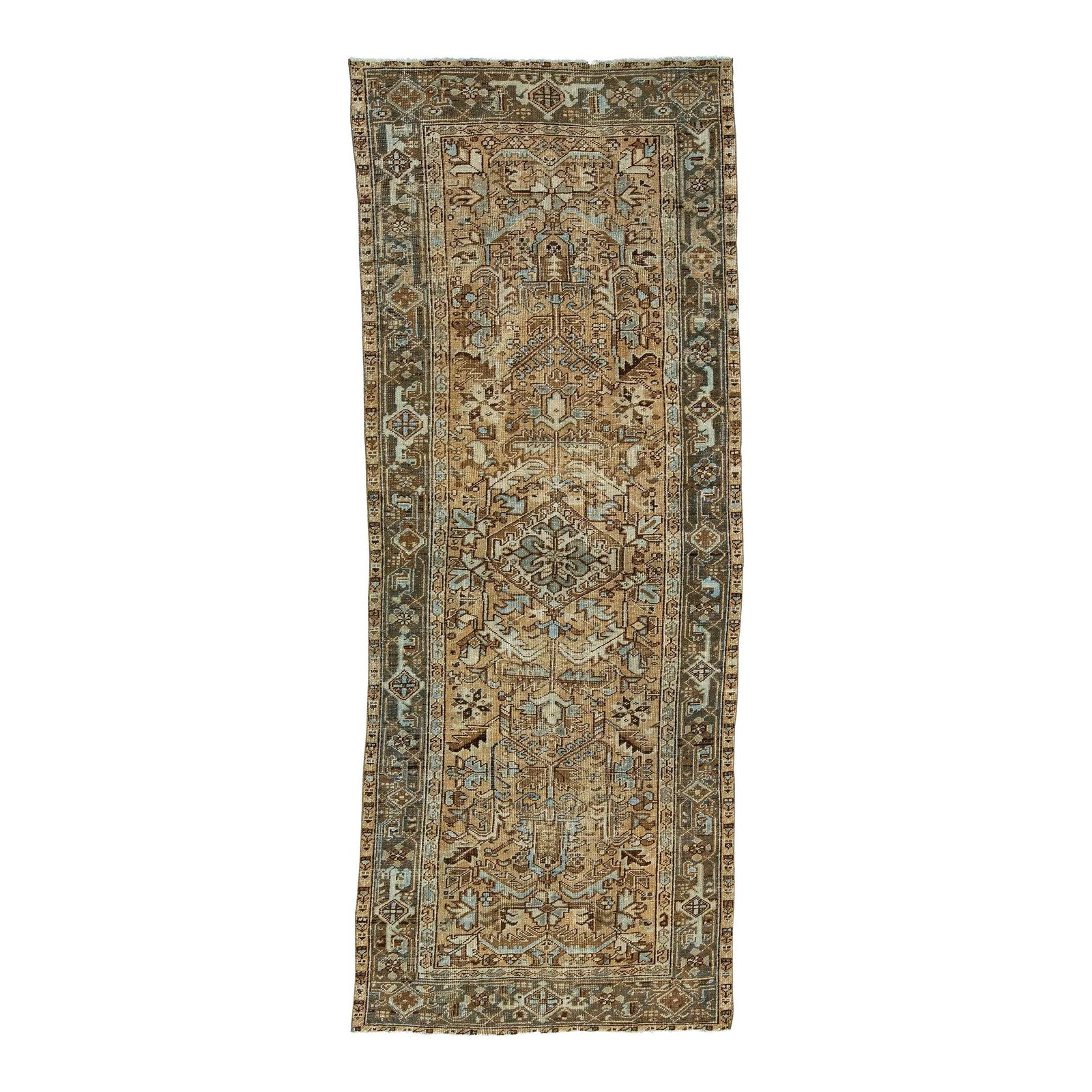 20th Century Heriz Handmade Wool Runner Tribal Design Brown Blue Accents 3'9 x 9'9: 20th Century Heriz Handmade Wool Runner Tribal Design Brown Blue Accents 3'9 x 9'9 Discover the charm of this exquisite 20th-century Heriz hand-knotted wool runner, featuring a rich brown color field 